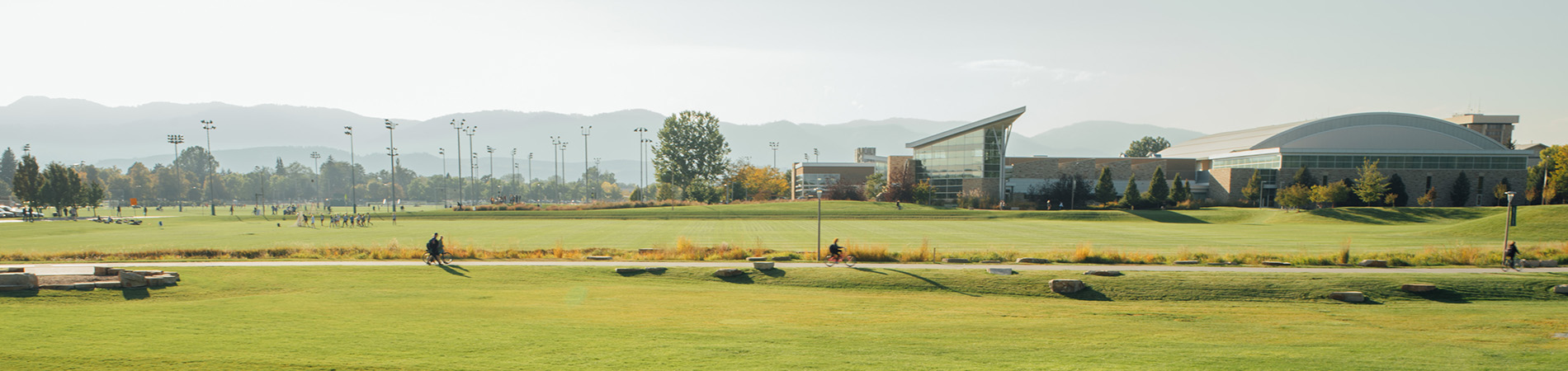 Colorado State University campus with a view of the Rec Center and the foothills