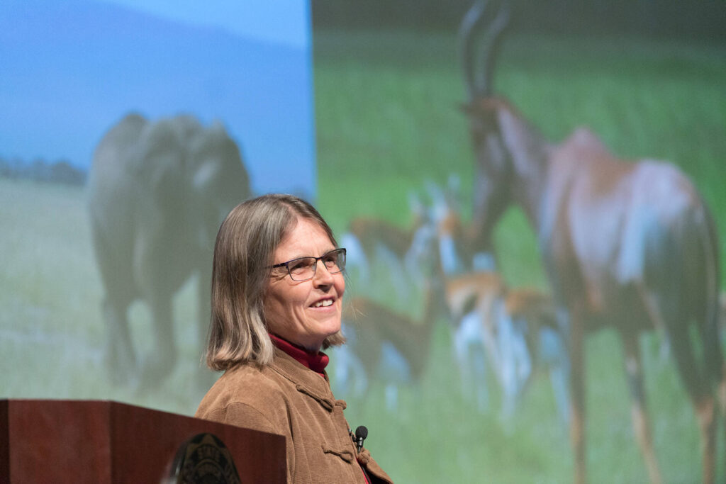 Robin Reid, Department of Ecosystem Science and Sustainability professor, talks about the value of collaborative conservation at the President's Community Lecture at CSU.