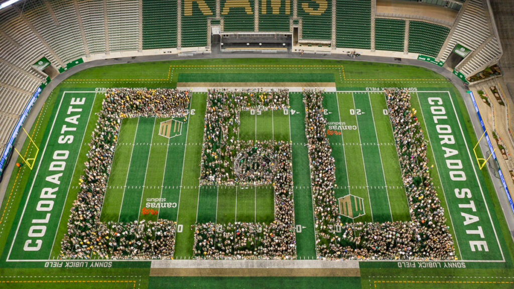 new students form the iconic "CSU" at Canvas Stadium, 2023