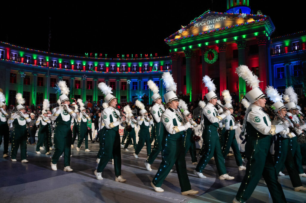 Colorado State University Marching Band performs in the 9News Parade of Lights in Denver 2023