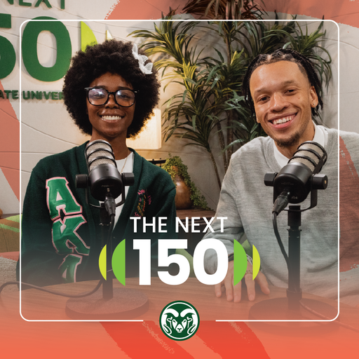 A square graphic that features a group photo of Jakye Nunley and Shay Wilson in the middle. Below their face's is the "The Next 150" mark, and below the mark is the C S U Rams head logo. On the outside of the graphic are slightly transparent orange brush strokes, and the bottom of the graphic is a dark blue gradient that gradually gets more transparent as it moves upwards.