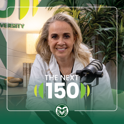 A square graphic that features a portrait of Becky Hammon in the middle. Below Becky's face is "The Next 150" mark, and below the mark is the C S U Rams head logo. On the outside of the graphic are slightly transparent green brush strokes, and the bottom of the graphic is a orange gradient that gradually gets more transparent as it moves upwards.