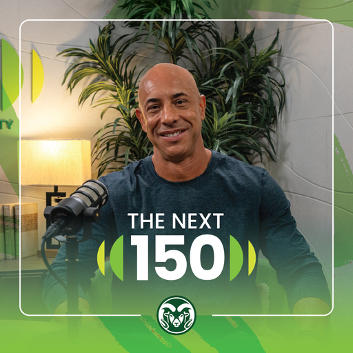 A square graphic that features a portrait of Kwane Stewart in the middle. Below their faces is the "The Next 150" mark, and below the mark is the C S U Rams head logo. On the outside of the graphic are slightly transparent green brush strokes, and the bottom of the graphic is a orange gradient that gradually gets more transparent as it moves upwards.