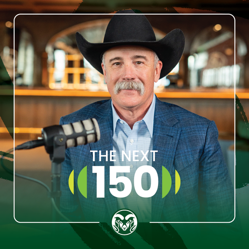 A square graphic that features a portrait of Wes Allsion in the middle. Below Wes' face is the "The Next 150" mark, and below the mark is the C S U Rams head logo. On the outside of the graphic are slightly transparent green brush strokes, and the bottom of the graphic is a green gradient that gradually gets more transparent as it moves upwards.