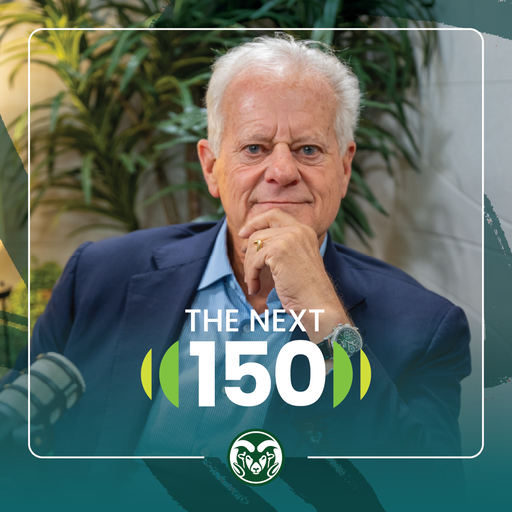 A square graphic that features a portrait of Michael Smith in the middle. Below Michael's face is the "The Next 150" mark, and below the mark is the C S U Rams head logo. On the outside of the graphic are slightly transparent teal brush strokes, and the bottom of the graphic is a teal gradient that gradually gets more transparent as it moves upwards.