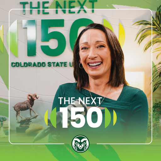 A square graphic that features a portrait of Amy Van Dyken in the middle. Below Amy's face is the "The Next 150" mark, and below the mark is the C S U Rams head logo. On the outside of the graphic are slightly transparent green brush strokes, and the bottom of the graphic is a green gradient that gradually gets more transparent as it moves upwards.