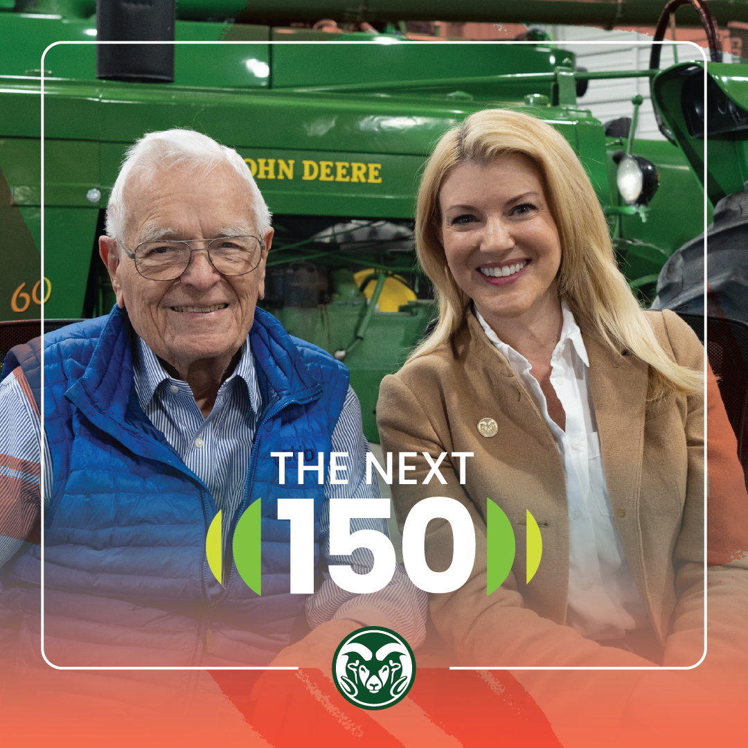A square graphic that features a portrait of Roy Romer and Amy Parsons in the middle. Below their faces is "The Next 150" mark, and below the mark is the CSU Rams head logo. On the outside of the graphic are slightly transparent orange brush strokes, and the bottom of the graphic is a orange gradient that gradually gets more transparent as it moves upwards.