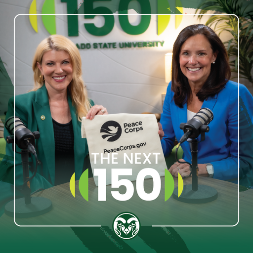 A square graphic that features a portrait of President Amy Parsons and Carol Spahn holding a canvas bag with the Peace Corps logo and a link to PeaceCorps.gov. Below the bag is "The Next 150" mark, and below the mark is the C S U Rams head logo. On the outside of the graphic are slightly transparent green brush strokes, and the bottom of the graphic is a green gradient that gradually gets more transparent as it moves upwards.