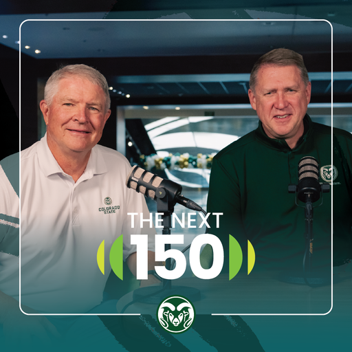 A square graphic that features a portrait of John Weber and Tony Phifer in the middle. Below their faces is "The Next 150" mark, and below the mark is the CSU Rams head logo. On the outside of the graphic are slightly transparent dark teal brush strokes, and the bottom of the graphic is a dark teal gradient that gradually gets more transparent as it moves upwards.